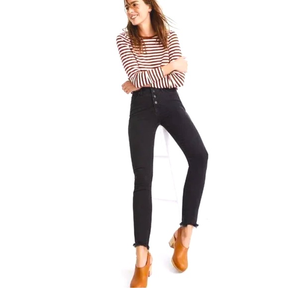 Madewell Pants - Madewell (27) 9” High Rise Skinny- Button Fly, Black Wash, Distressed Ankle Hem